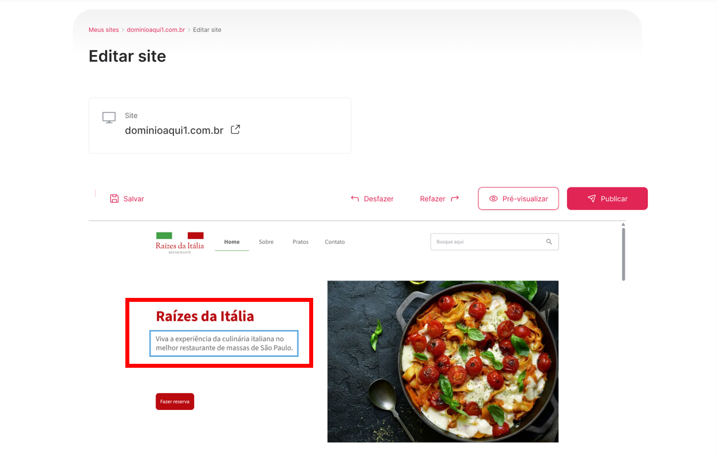 [Alt text: Imagem da área de edição de um site. Um bloco de texto da página está em destaque.